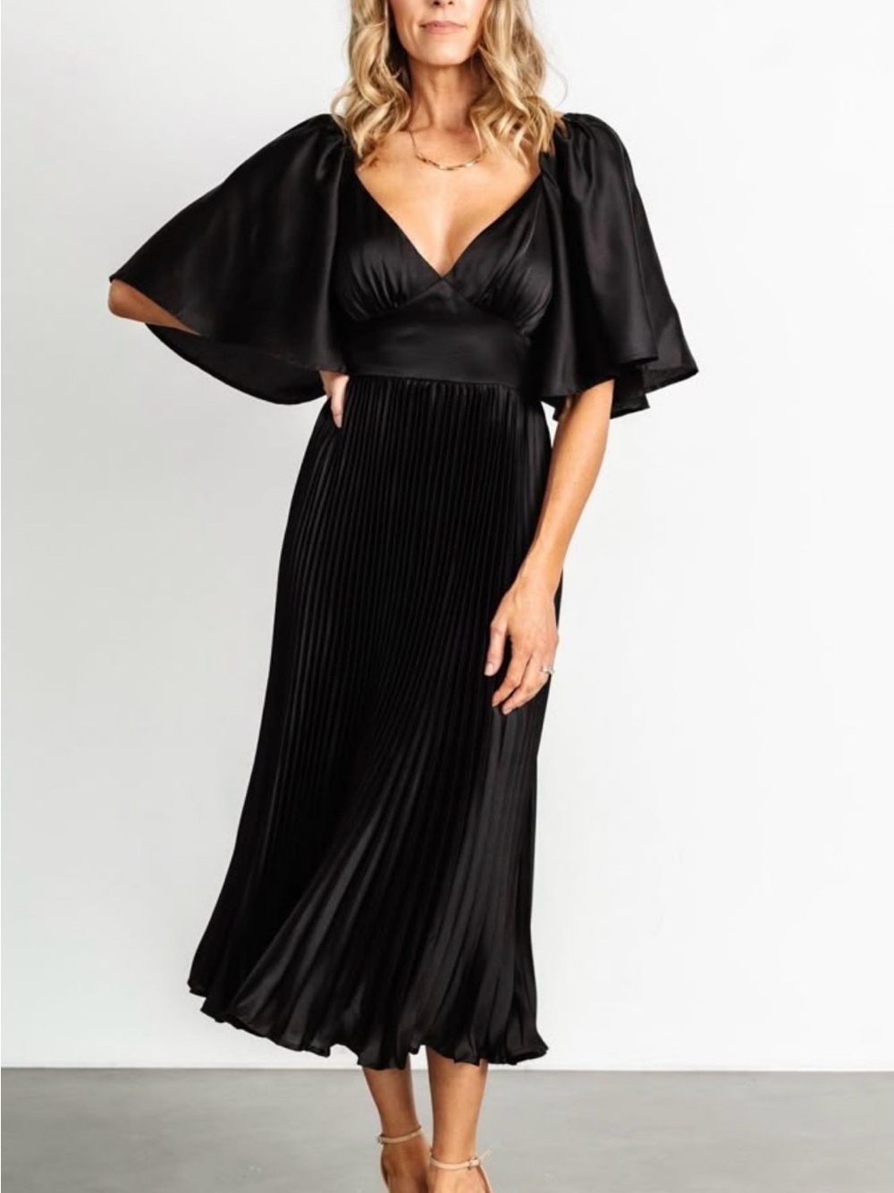 Baltic Born Aubree Elegant Black Pleated Dress with Cape Sleeves